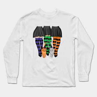 Three Witches Wearing Long Stripe Socks and Two Cats Long Sleeve T-Shirt